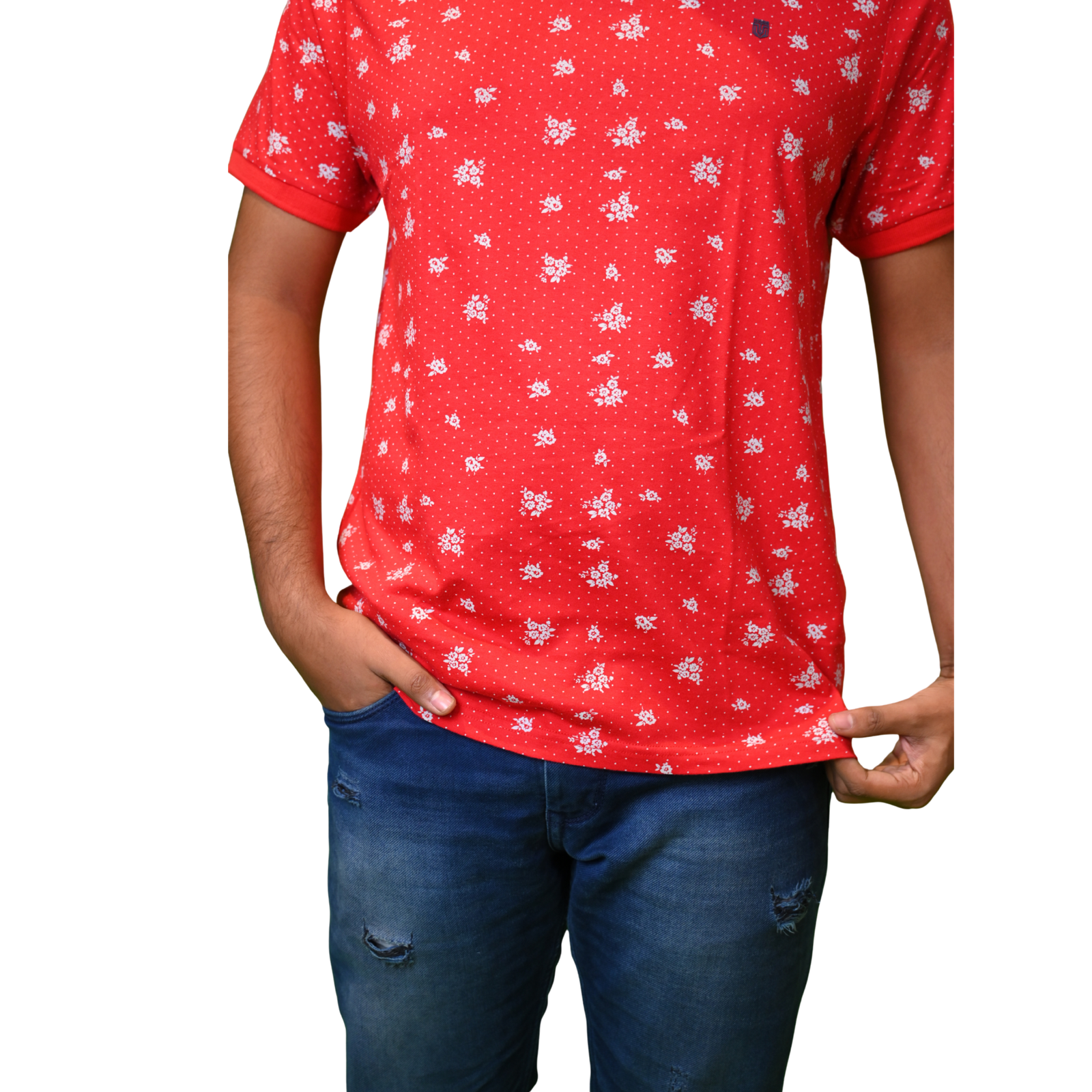 Red with White Print Polo Style Men's T-Shirt - Image 3